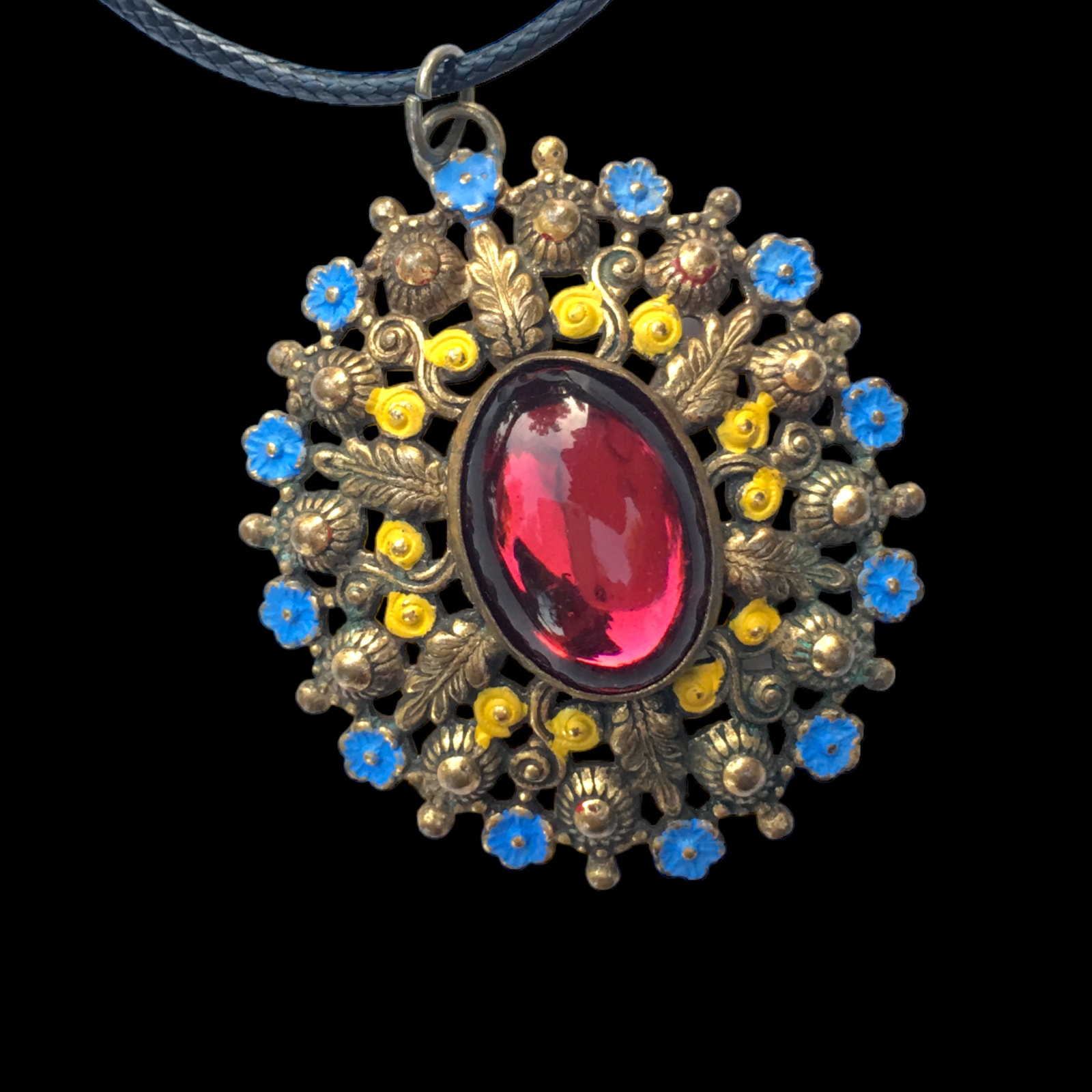 Renaissance Style Ornate Painted Pendant Necklace, Glowing Red Cabochon
